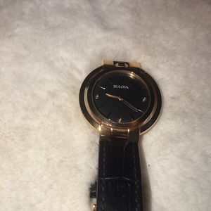 Leather Bulova Rubaiyat Ladies Diamond Rose Gold Tone Stainless Quartz Watch